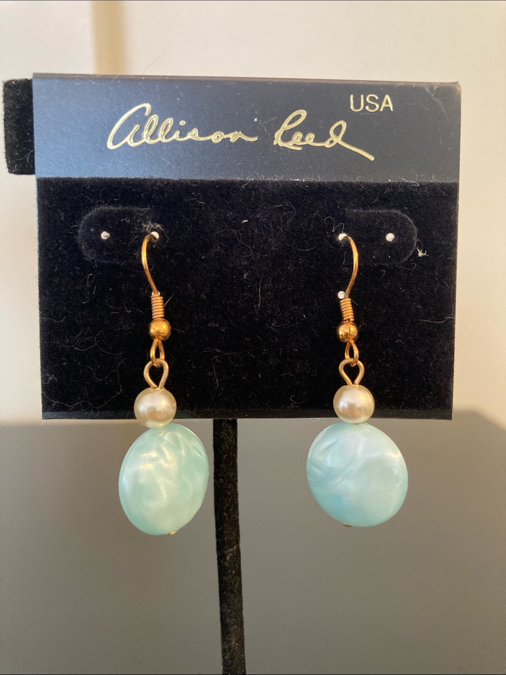 Aqua Pearl Drop Earrings - Gold Tone